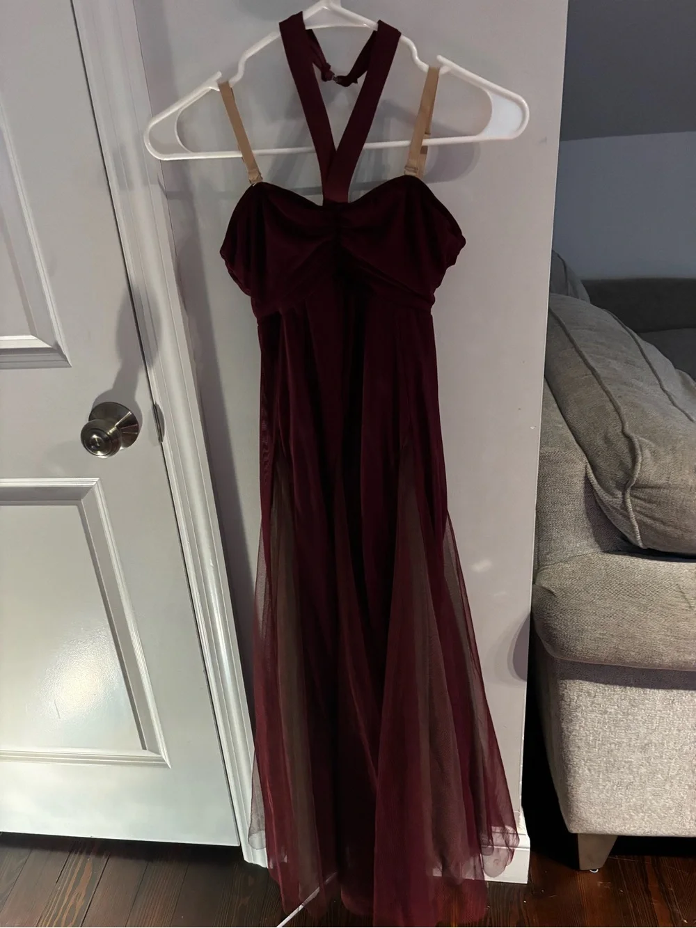 DANCE COSTUME  Strappy Tulle Maxi Dress in Deep Wine
